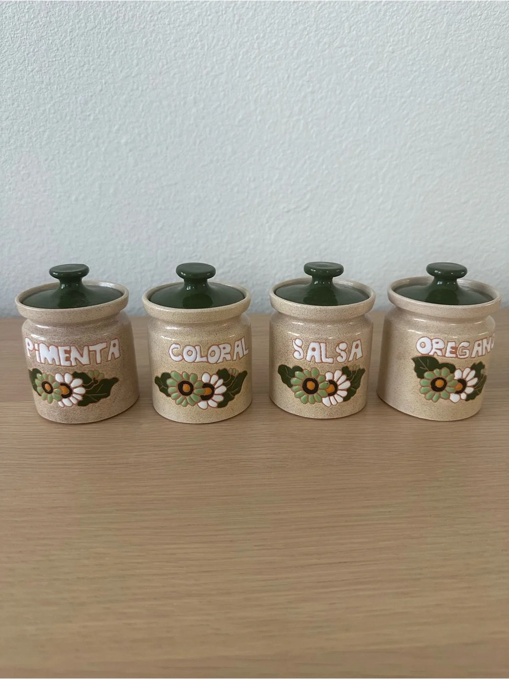 Set of 4 Vintage Ceramic Spice Jars with Green Lids